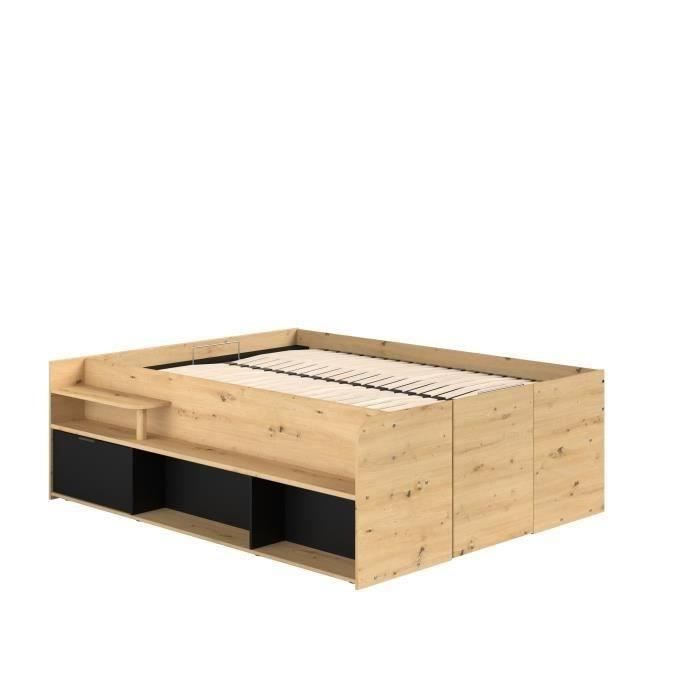 ODYSSEE Lit coffre adulte - 140x190 / 200 cm - Avec coffre relevable - Décor chene et noir - 166,2 x 66,5 x 205,8 cm