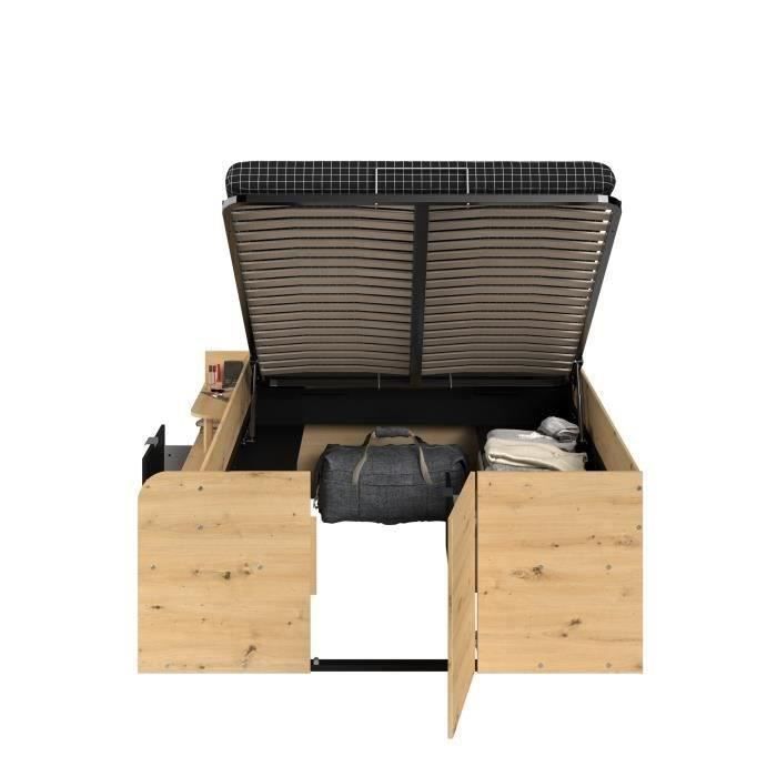 ODYSSEE Lit coffre adulte - 140x190 / 200 cm - Avec coffre relevable - Décor chene et noir - 166,2 x 66,5 x 205,8 cm
