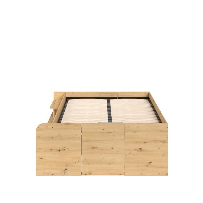 ODYSSEE Lit coffre adulte - 140x190 / 200 cm - Avec coffre relevable - Décor chene et noir - 166,2 x 66,5 x 205,8 cm