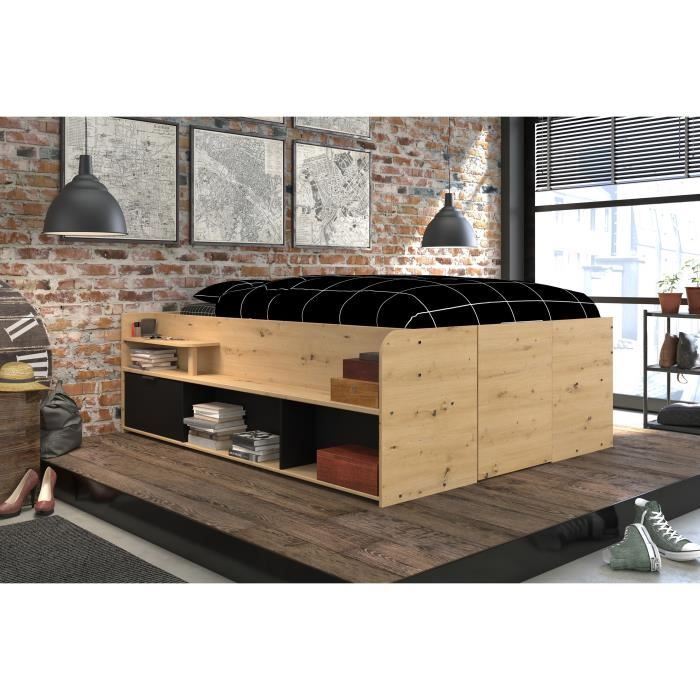 ODYSSEE Lit coffre adulte - 140x190 / 200 cm - Avec coffre relevable - Décor chene et noir - 166,2 x 66,5 x 205,8 cm
