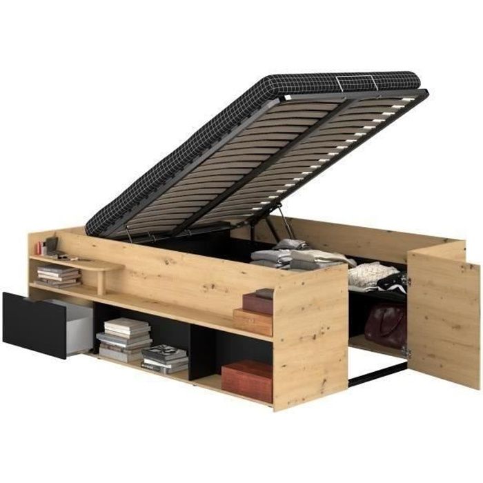 ODYSSEE Lit coffre adulte - 140x190 / 200 cm - Avec coffre relevable - Décor chene et noir - 166,2 x 66,5 x 205,8 cm