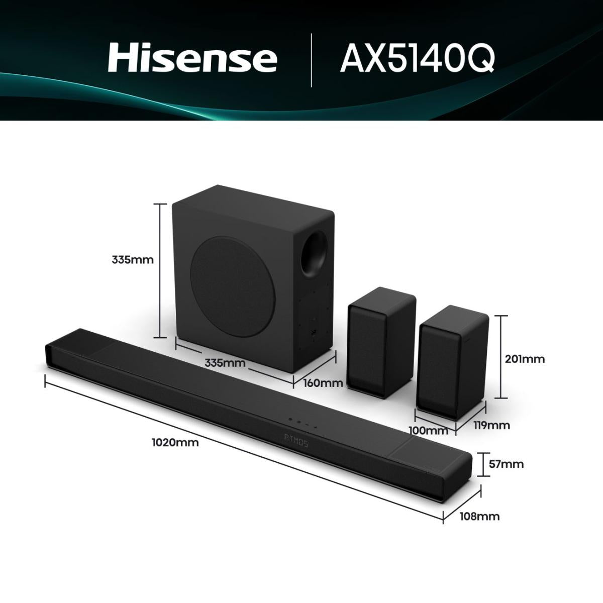 Barre de son - HISENSE - AX5140Q - 5.1.4 Canaux - Dolby Atmos & DTS:X - 520W - Caisson et enceintes arriere sans fil - HDMI eARC