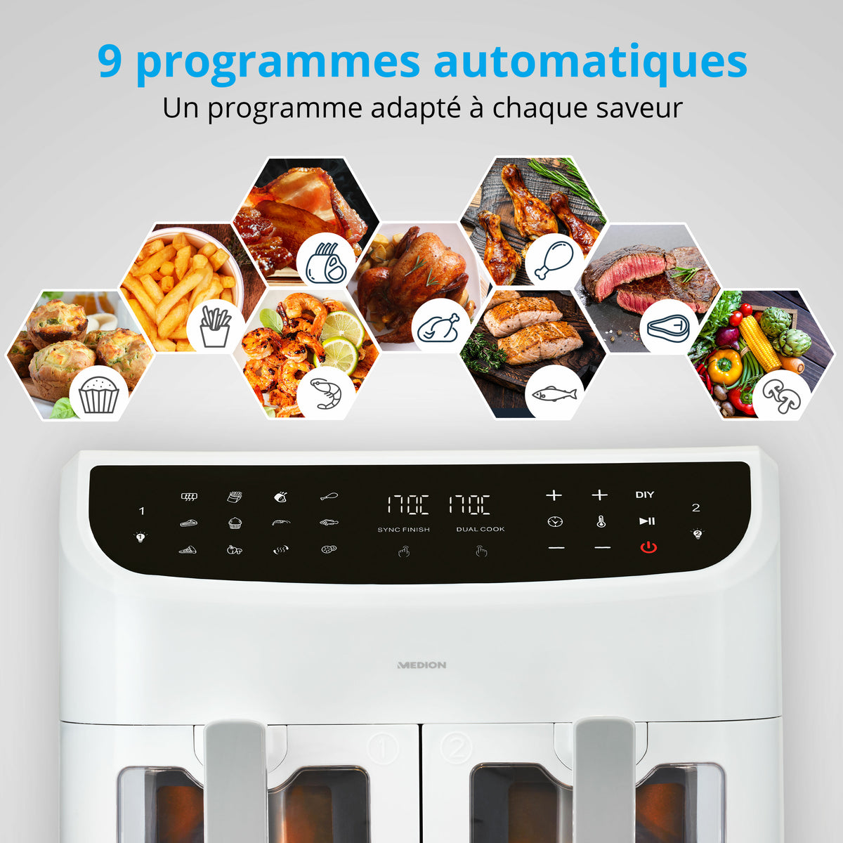 Friteuse a Air Chaud - MEDION - P20 XXL Twin - 2600 W - 2 paniers - 9 programmes - Blanc
