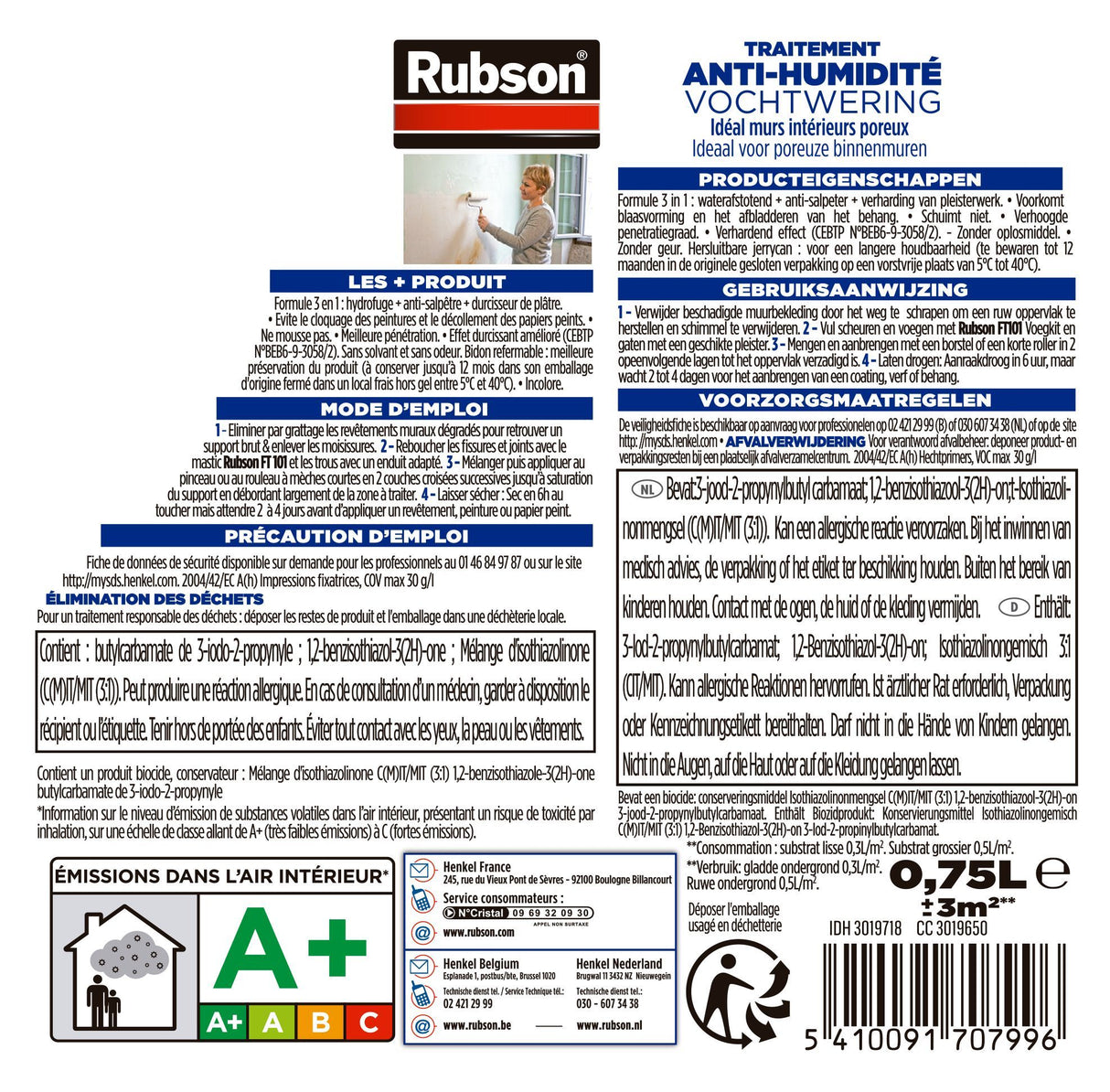 Revetement d'étanchéité - RUBSON - Waterproof - Traitement murs humides - Murs intérieurs - Incolore - Bidon de 0,75L