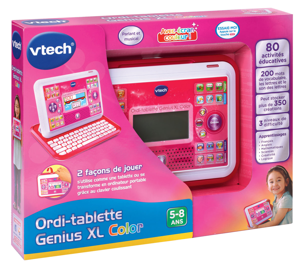 Ordi-Tablette Enfant VTECH Genius XL Color Rose - 2 en 1 avec écran couleur - Mixte - A partir de 5 ans