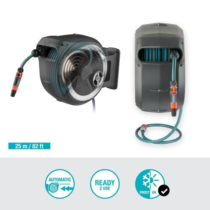 GARDENA Dévidoir automatique mural RollUp M/L liseret blanc Longueur 25m Ø13mm Kit complet Garantie 5 ans (18622-20)
