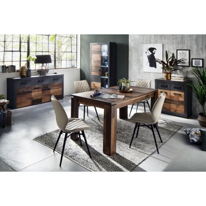 Buffet bas INDY 4 Portes et 1 Tiroir - Mélaminé bois vieilli et gris mat - L 178 x P 40 x H 77 cm