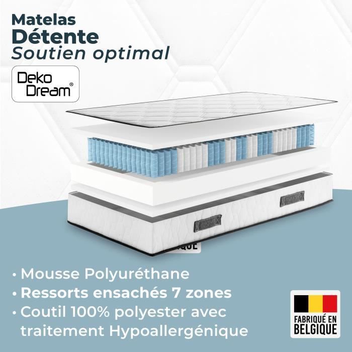 Ensemble matelas sommier 90 x 190 cm Hauteur 19 cm - ressorts ensachés - 7 zones - réversible - fabriqué en Belgique - DEKO DREAM