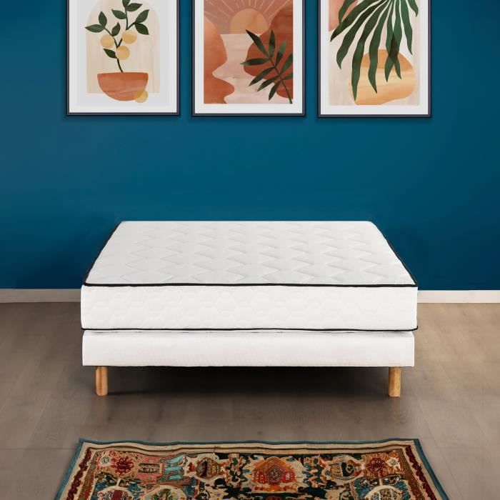 Ensemble matelas sommier 90 x 200 cm Hauteur 19 cm - ressorts ensachés - 7 zones - réversible - fabriqué en Belgique - DEKO DREAM