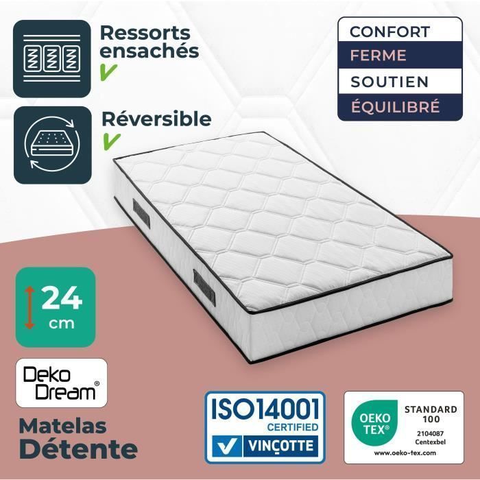 Ensemble matelas sommier 90 x 190 cm Hauteur 24 cm - ressorts ensachés - 7 zones - réversible - fabriqué en Belgique - DEKO DREAM