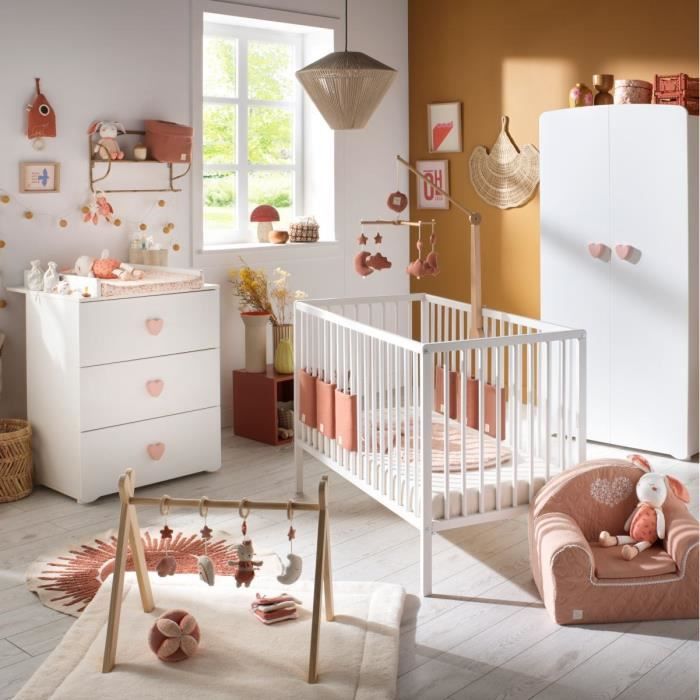 Commode a langer - Babyprice - Basic - 3 tiroirs - En bois - Boutons coeur rose