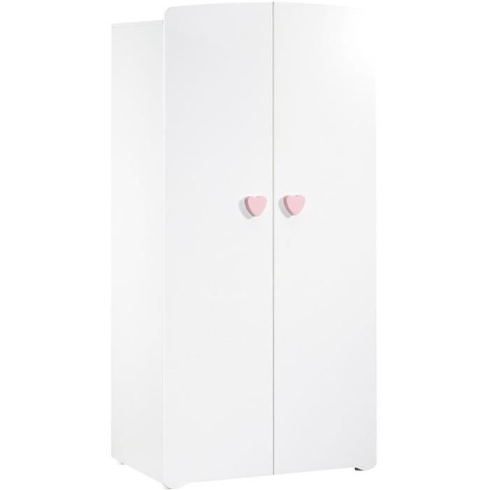 Armoire bÈbÈ Basic - MDF - Blanc - 2 portes - Bouton coeur rose - 85 x 175 x 56 cm - BABY PRICE