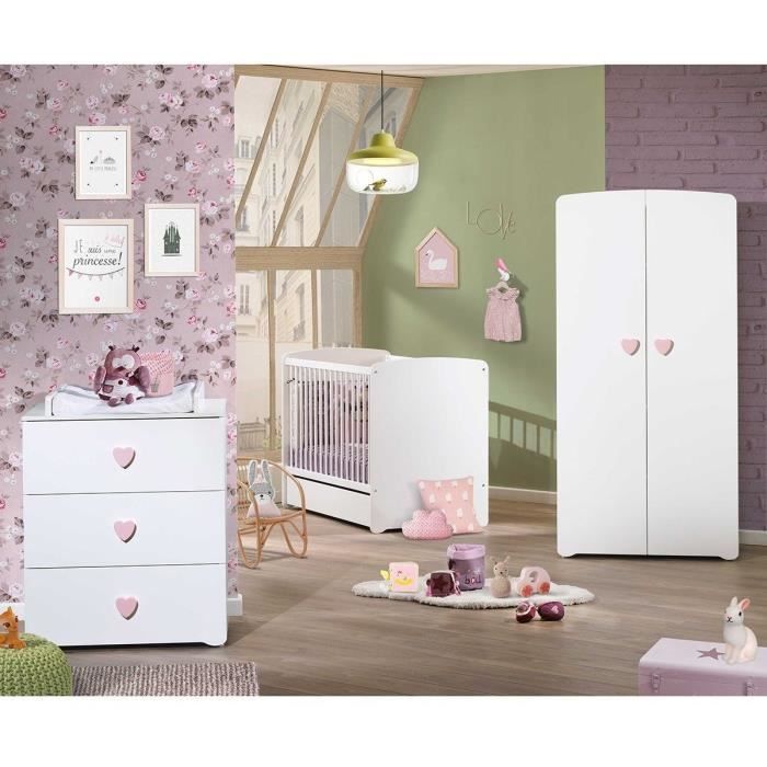 Armoire bÈbÈ Basic - MDF - Blanc - 2 portes - Bouton coeur rose - 85 x 175 x 56 cm - BABY PRICE