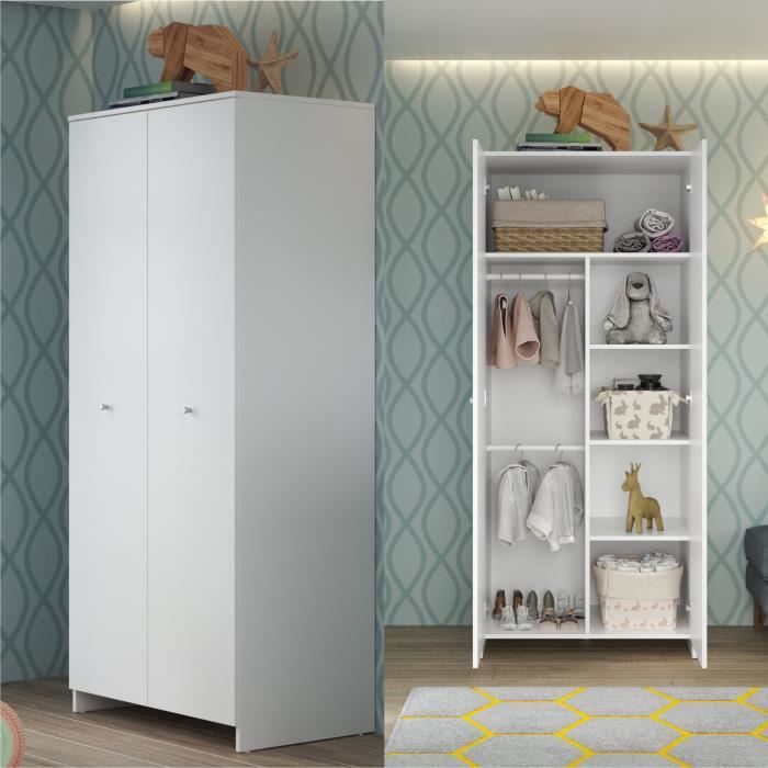 Chambre bÈbÈ Trio : Lit 70 x 140 cm + Commode a langer + Armoire NIKO - Blanc - TREND TEAM