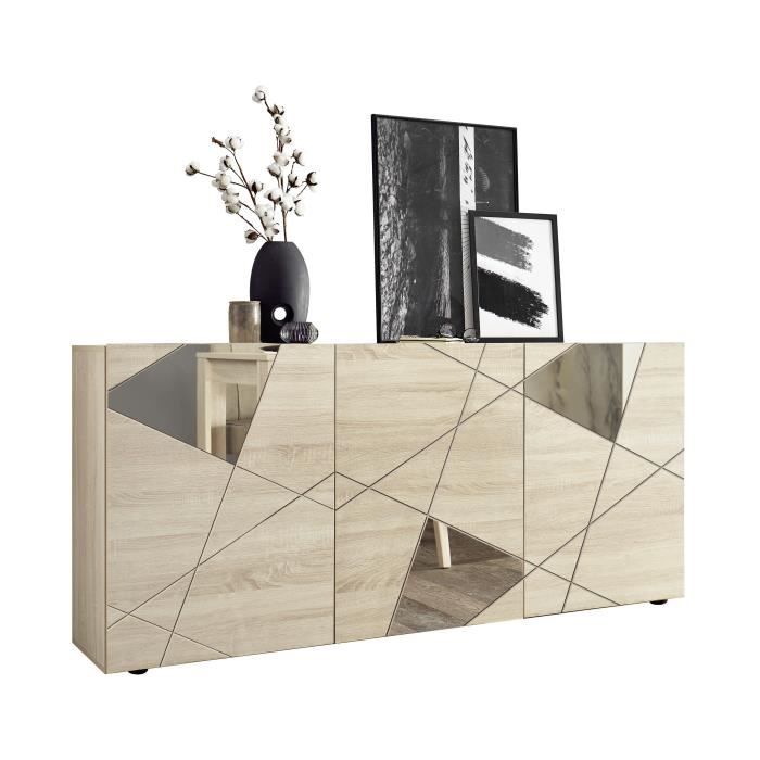 Buffet VICTORY - DÈcor Chene Sonoma - 3 Portes - Miroir - L 181 x P 42 x H 84 cm