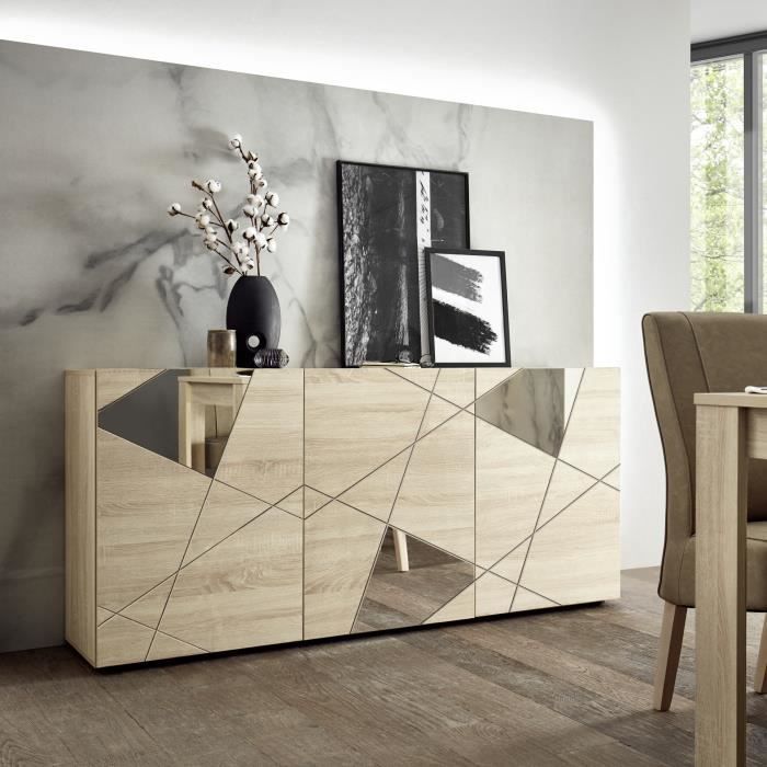 Buffet VICTORY - DÈcor Chene Sonoma - 3 Portes - Miroir - L 181 x P 42 x H 84 cm