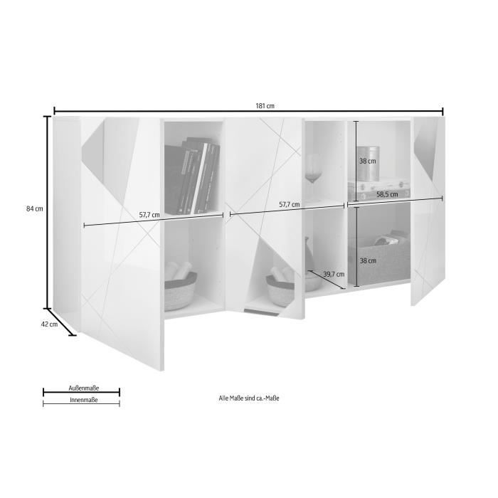 Buffet VICTORY - DÈcor Chene Sonoma - 3 Portes - Miroir - L 181 x P 42 x H 84 cm