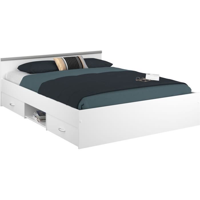 ZODIAC Lit adulte 140x190 cm - 2 tiroirs et 1 niche - Contemporain - Blanc mat