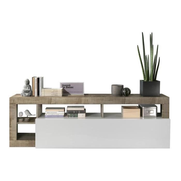 Meuble TV 1 porte - Finition Blanc Laqué et Effet Bois Vintage - L 184 x P 42 x H 56 cm - MAESTRO