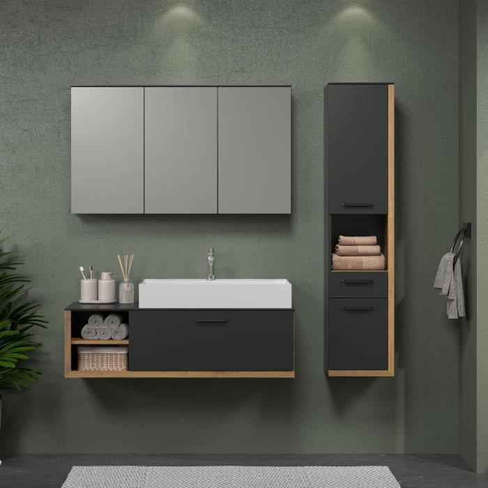 SYNNAX Salle de bain complete - Meuble sous vasque + vasque + armoire 3 portes - MÈlaminÈ gris et chene - TRENDTEAM