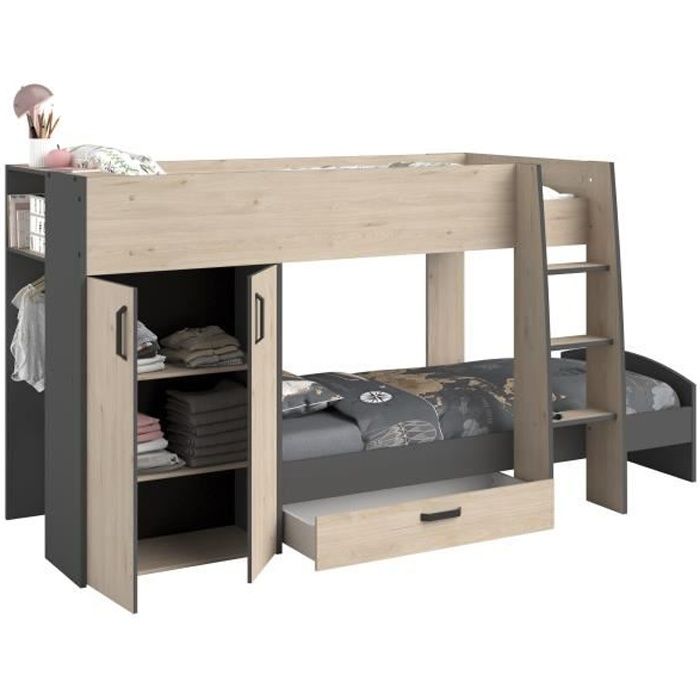 Lits superposés enfant avec rangements - PARISOT - Décor Chene Jackson et Gris Ombre - 2 x 90 x 200 cm - MIST