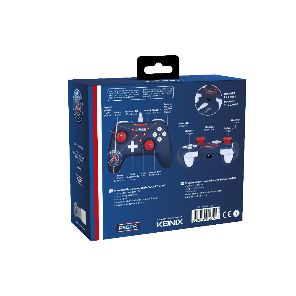 Manette de jeu - Nintendo Switch, Switch 2 et PC - PSG - Filaire - Bleu, blanc et rouge - Fonction vibration - Câble 3 m - Konix