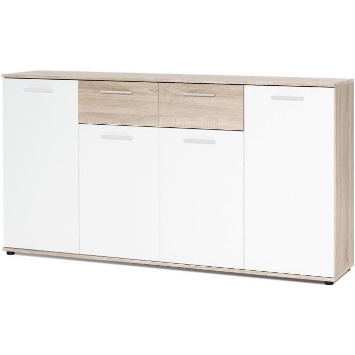 JACKY Buffet bas classique blanc et décor chene mat - L 160 cm
