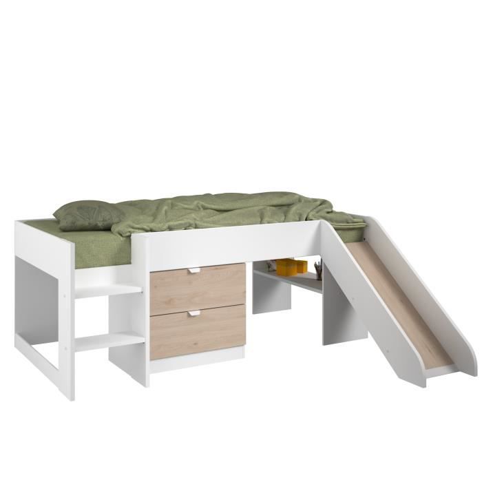 PARISOT SLIDE - Lit toboggan enfant - Décor Blanc et Chene Jackson - Sommier inclus - 90 x 200 cm