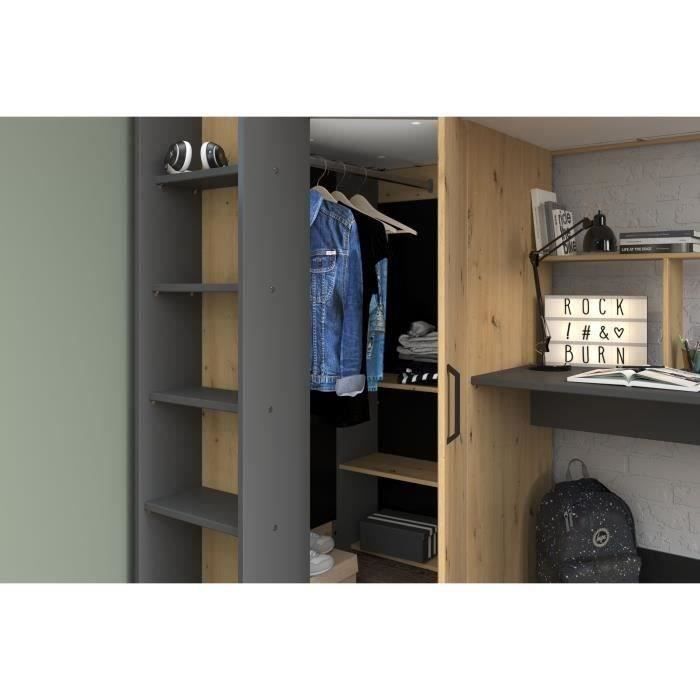 Lit combiné mezzanine enfant PARISOT HIGH - Chene et gris - Sommier inclus - 90 x 200 cm