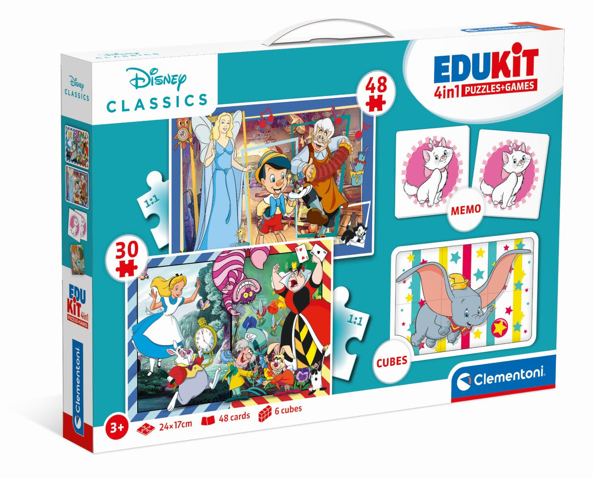 Clementoni - Edukit - Disney - Coffret apprentissage 4 en 1 - 2 puzzles, 1 mémo, 1 jeu de 6 cubes - Fabriqué en Italie - Dés 4ans