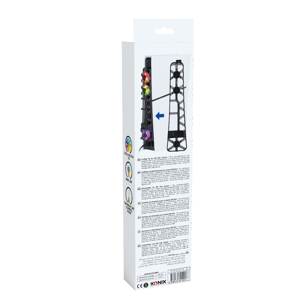 Ventilateur de refroidissement - KONIX - PS5 Slim - 21 x 68 x 40 cm - 3 vitesses - Éclairage LED RVB - Port USB 3.0 - Noir