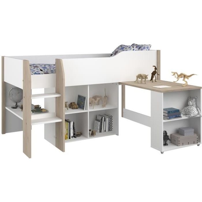 Lit combinÈ enfant avec bureau rÈtractable - PARISOT - LIAM - Blanc et chene - Sommier inclus - 90x200 cm