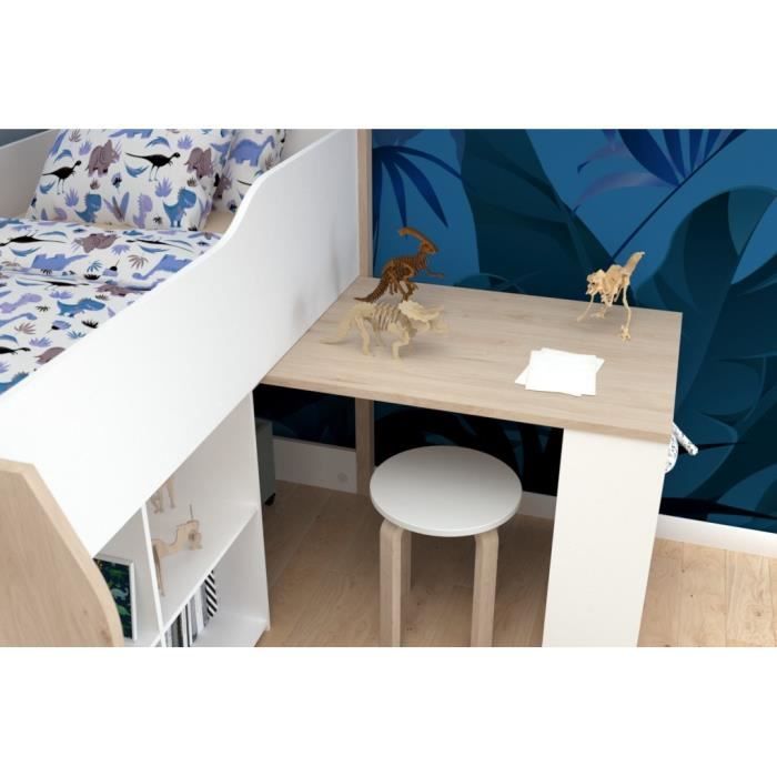 Lit combinÈ enfant avec bureau rÈtractable - PARISOT - LIAM - Blanc et chene - Sommier inclus - 90x200 cm