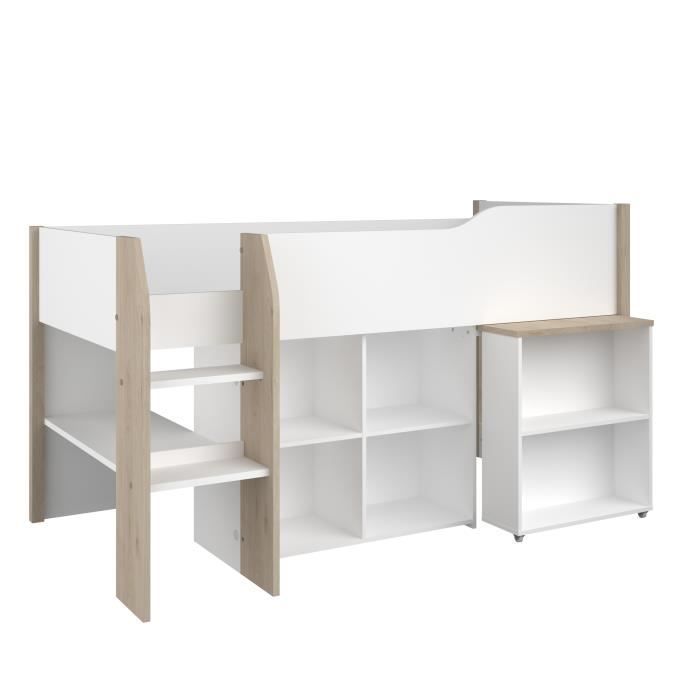 Lit combiné enfant avec bureau rétractable - PARISOT - LIAM - Blanc et chene - Sommier inclus - 90x200 cm