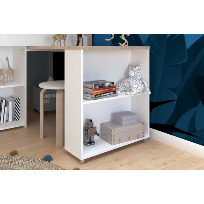 Lit combiné enfant avec bureau rétractable - PARISOT - LIAM - Blanc et chene - Sommier inclus - 90x200 cm