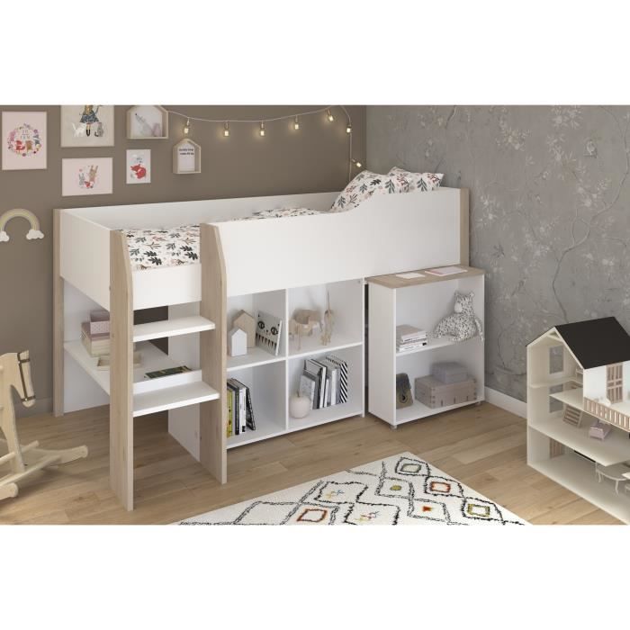 Lit combinÈ enfant avec bureau rÈtractable - PARISOT - LIAM - Blanc et chene - Sommier inclus - 90x200 cm