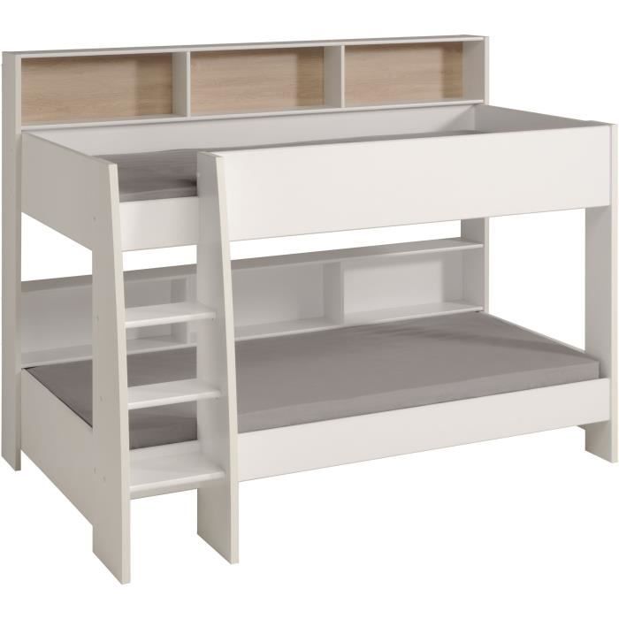 PARISOT Lits superposés enfant 2 x 90x200 cm - Décor Chene et Blanc Ombre - Sommiers inclus - JIM