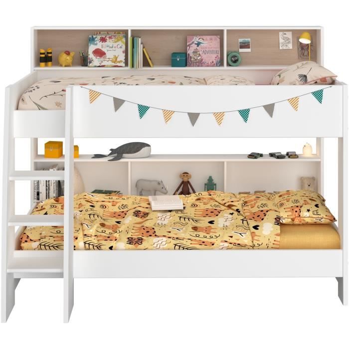 PARISOT Lits superposés enfant 2 x 90x200 cm - Décor Chene et Blanc Ombre - Sommiers inclus - JIM