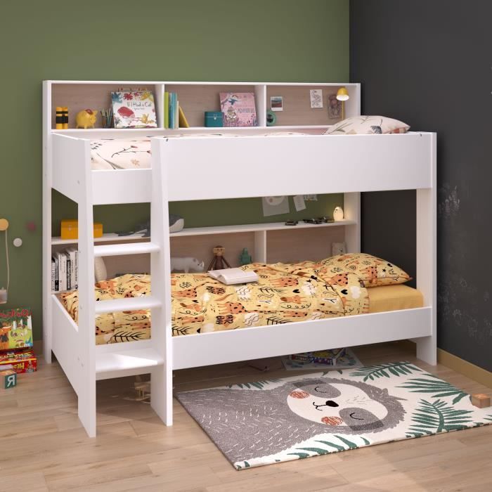 PARISOT Lits superposés enfant 2 x 90x200 cm - Décor Chene et Blanc Ombre - Sommiers inclus - JIM