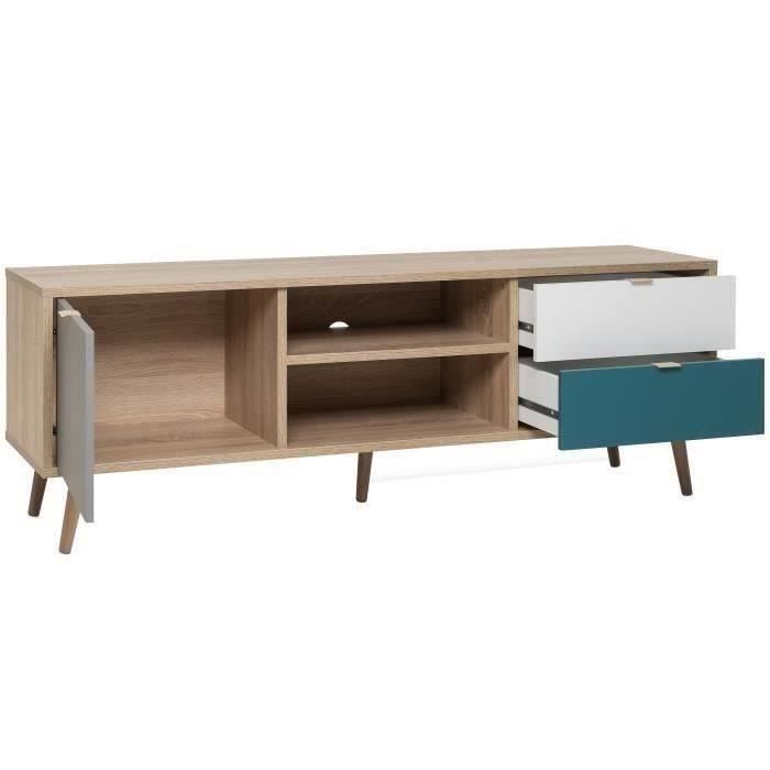 Meuble TV scandinave CUBA - Décor chene, gris, blanc et bleu pétrole - 1 Porte - L 150 x P 40 x H 51 cm