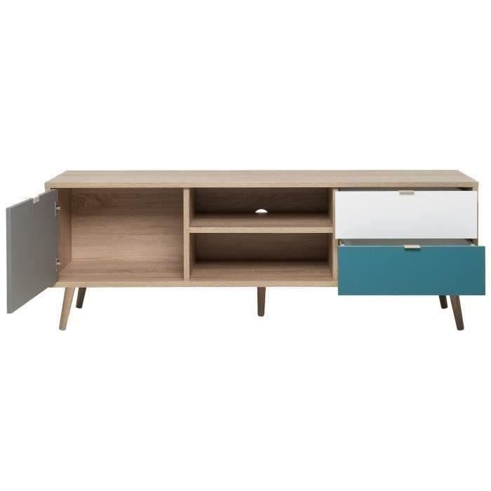 Meuble TV scandinave CUBA - Décor chene, gris, blanc et bleu pétrole - 1 Porte - L 150 x P 40 x H 51 cm