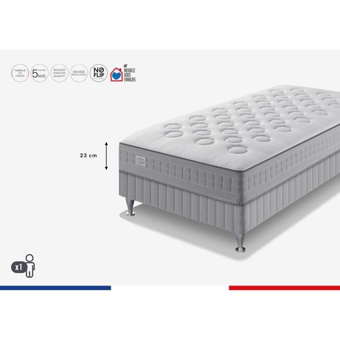 Ensemble matelas sommier 90 x 190 SIMMONS Hauteur 23 cm - Ressorts ensachés Sensoft - Fabriqué en France - SW1