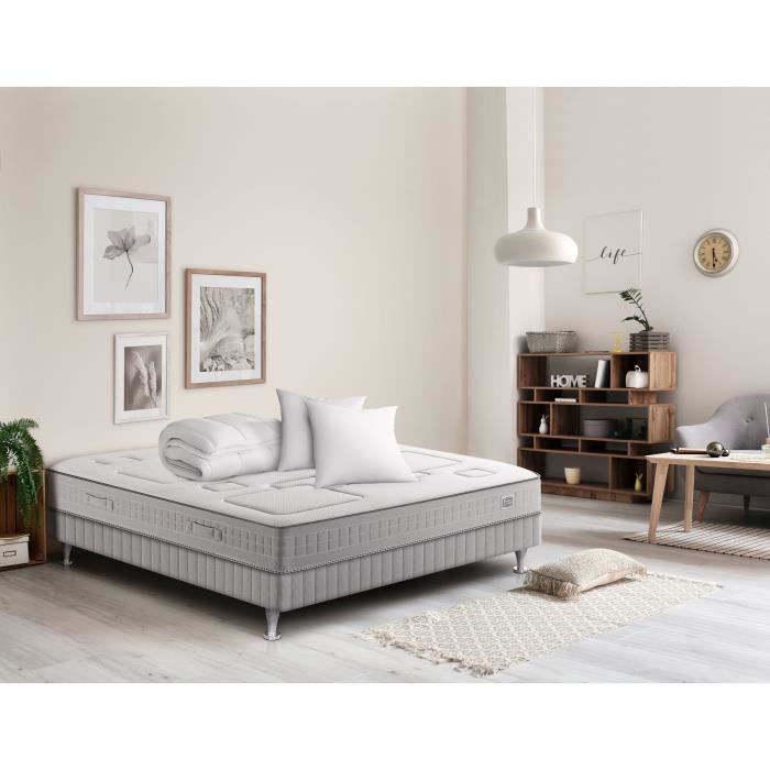 Ensemble matelas sommier 160 x 200 SIMMONS + Couette Oreillers - Hauteur 25 cm - Ressorts Sensoft - Fabriqué en France - SW3