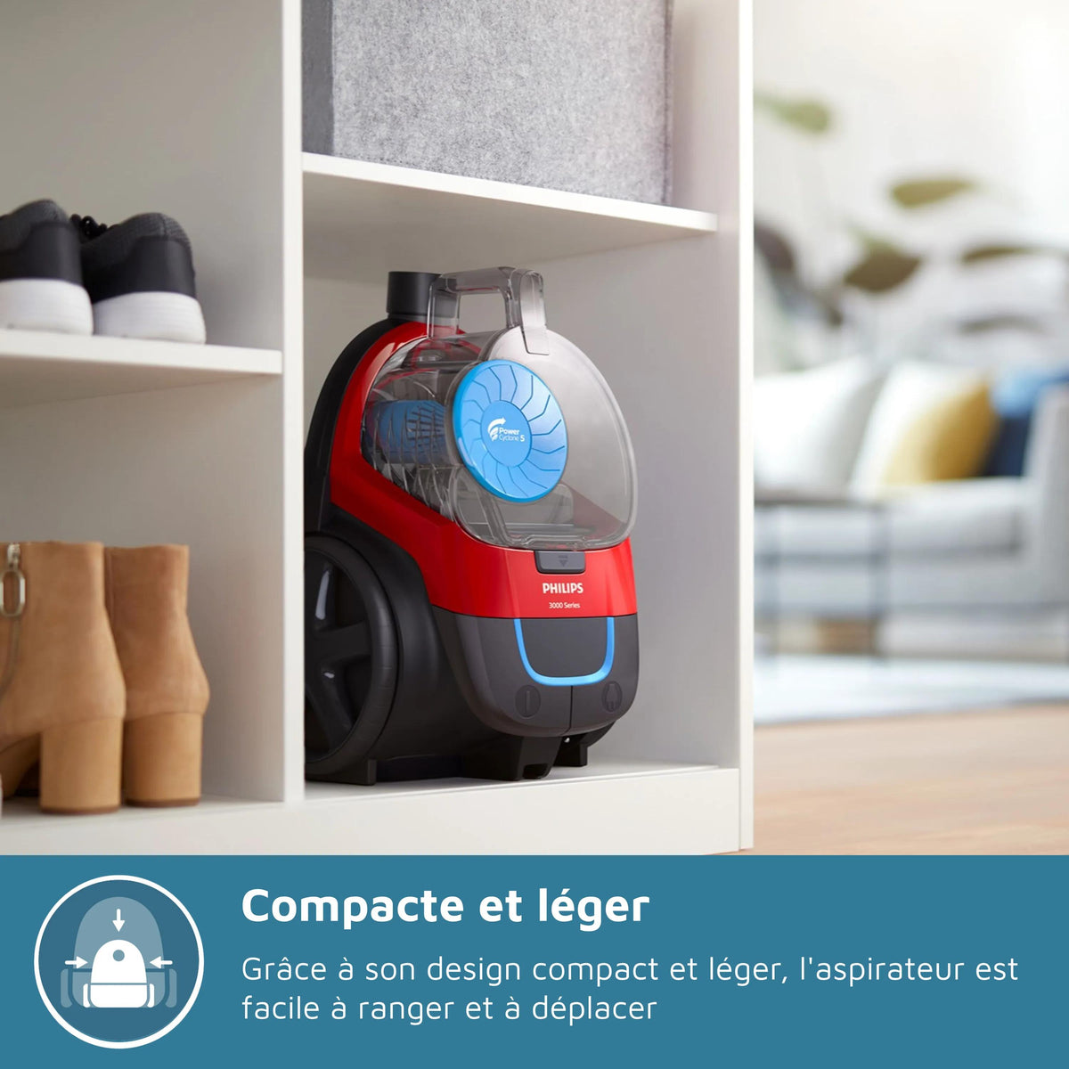 Aspirateur sans sac PHILIPS - FC9330/09 - Série 3000 PowerPro Compact - 900W - 76db - Rouge