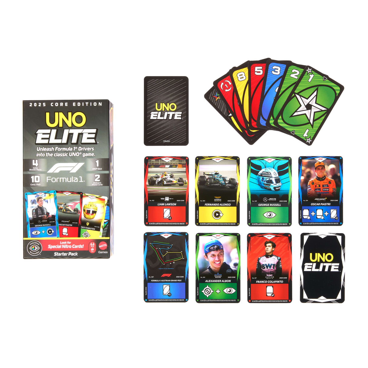 UNO Élite Formula 1 Édition - Jeu de cartes - Avec 4 boosters - Mattel Games - JLV42 - 7 ans et +