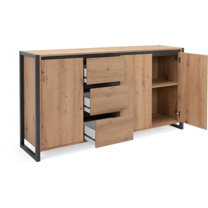 DENVER Buffet 3 portes 3 tiroirs - Décor chene artisan / Anthracite - L 160 x P 40 x H 88 cm