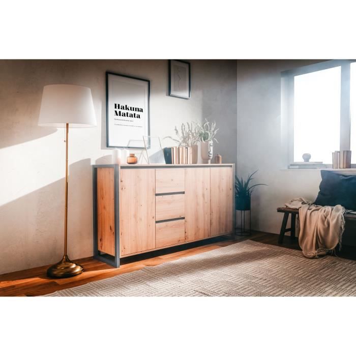 DENVER Buffet 3 portes 3 tiroirs - Décor chene artisan / Anthracite - L 160 x P 40 x H 88 cm