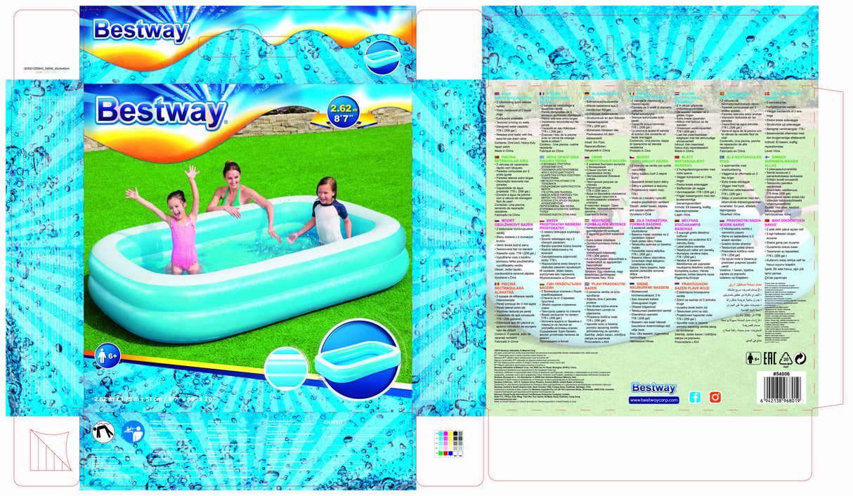 Piscine gonflable rectangulaire Bestway 262 x 175 x 51 cm - Bleu et blanc - Pour enfant - Utilisation extérieure