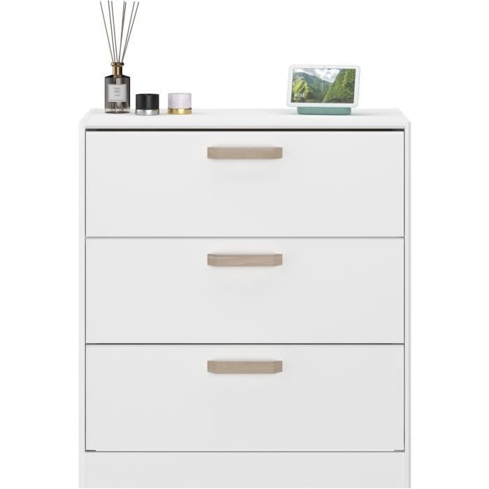 Chambre complete adulte DREAM : Lit 140x190/200 cm + 2 chevets + commode - Décor blanc et chene - PARISOT