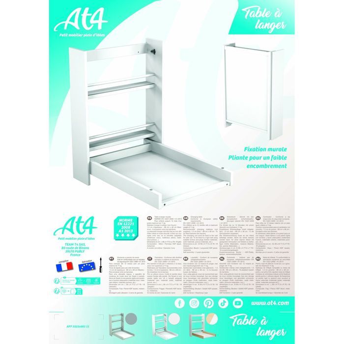 AT4 - Table a langer murale rabattable en bois EAZY Blanc - Taille unique
